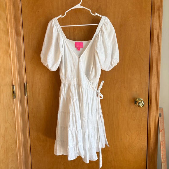 Lilly Pulitzer Dresses & Skirts - Lilly Pulitzer Dress Womens S White Linen Puff Sleeve Tiered Wrap Mini 013216